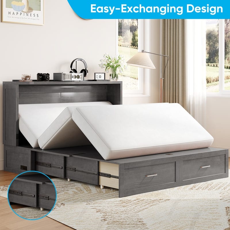 Mixoy Queen Modern Murphy Bed Chest with Mattress,Storage Drawer,Charging Station