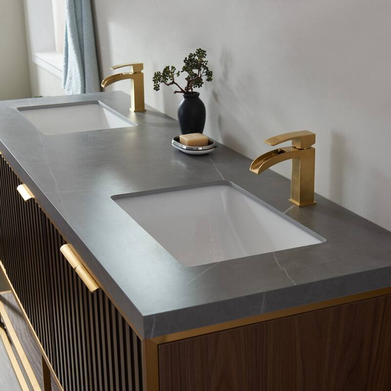 Donostia 72" Vanity in Walnut with stone countertop Without Mirror