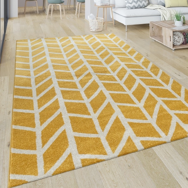 Yellow White Area Rug with Modern Geometric Pattern - Retro Look - Bed ...