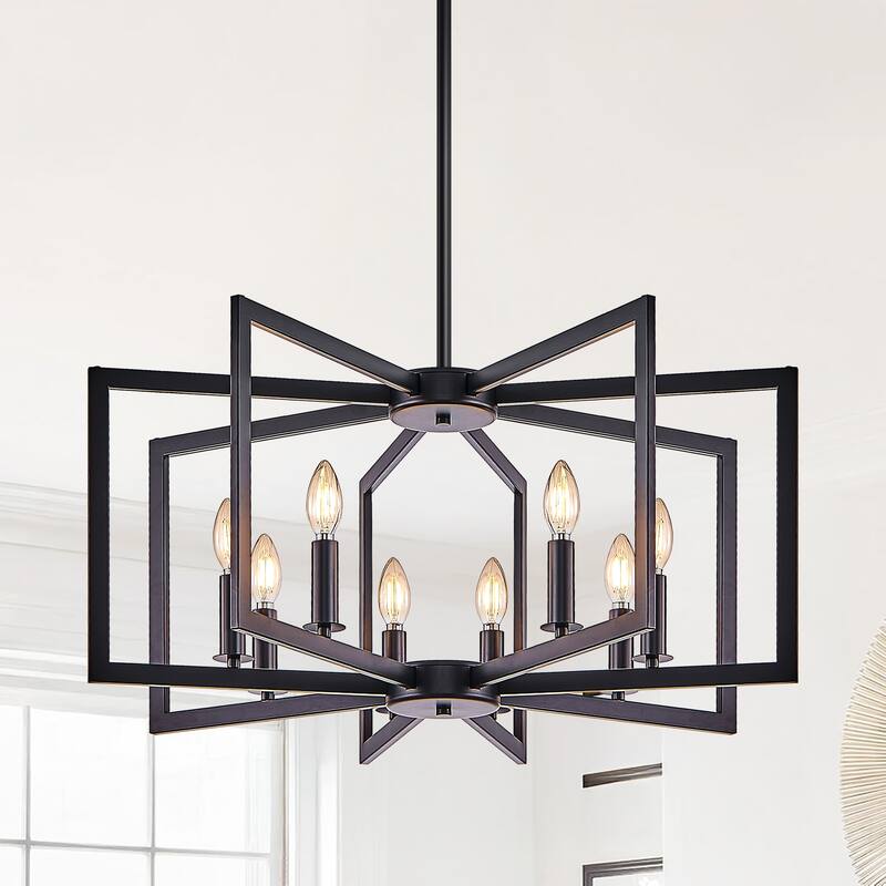 27" Modern Geometric 8-Light Chandelier - Industrial Metal Pendant Light Fixture for Living Room (Bulb Not Included) - Black
