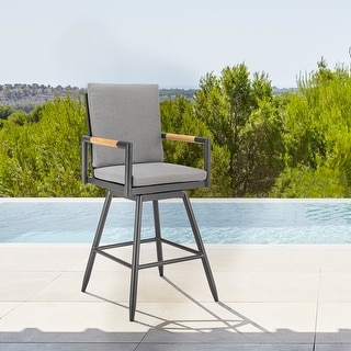 Crown Outdoor Patio Swivel Bar Stool in Black Aluminum with Wood Accent and Dark Gray Cushions - 30" Bar Height