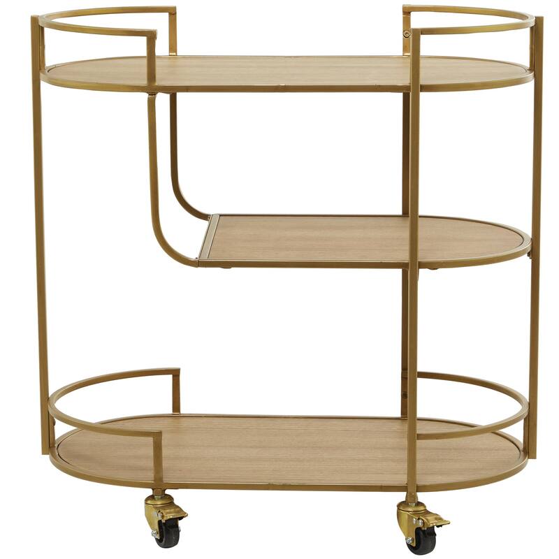 Wood Rolling 3 Shelf Bar Cart with Handles - Gold - Roche River Decor - 15"W x 30"L x 30"H