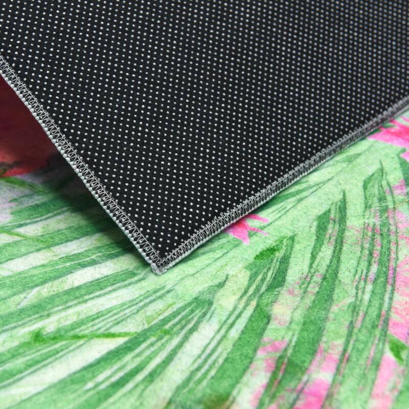 Pink Green Floral I, Hand Washable Flowers Art Area Rug, power-loomed, 100% polyester, 2mm pile, non-slipping back