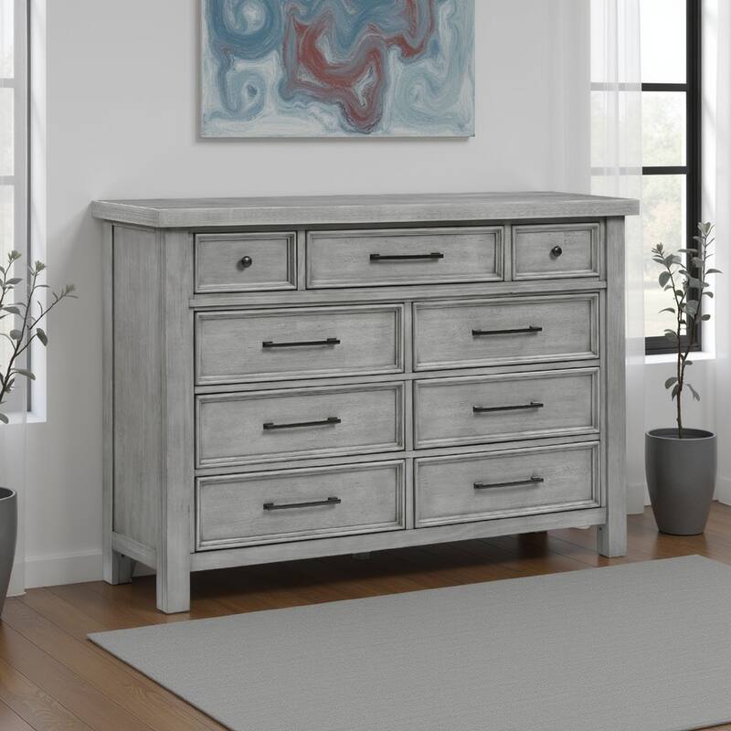 Daisy 62 Inch Dresser, Gray Mango Veneer, 9 Drawers, Bronze Metal