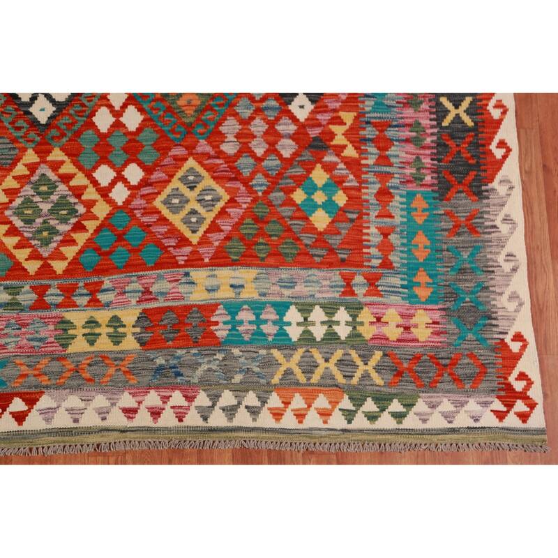 Reversible Kilim Oriental Area Rug Flatweave Dining Room Wool Carpet - 9'10"x 13'0"
