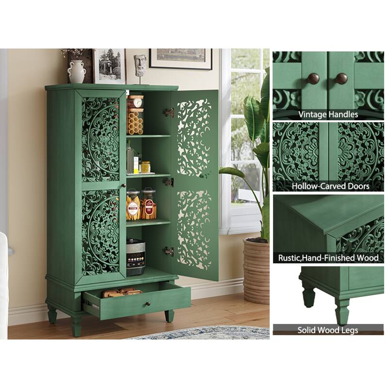 Roomfitters 55'' Tall Storage Cabinet, Carved Wood Accent Sideboard with Solid Wood Legs for Dining Room
