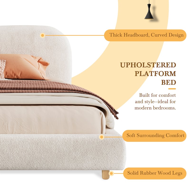 White Upholstered Platform Bed Curveshaped Boucle Fabric Low Wingback Bed with Wooden Slats Support Built-in Center Metal Legs