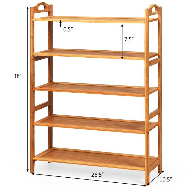 Natural 5-Tier Wicker Free-Standing Shoe Rack with Two Handle Perfect for 15 Pairs - 26.5” x 10.5” x 38” (L x W x H)