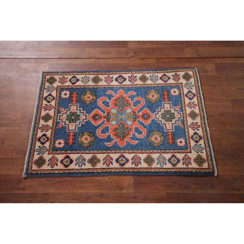 Geometric Kazak Foyer Rug Hand-Knotted Blue Wool Carpet - 2'0" x 3'0"