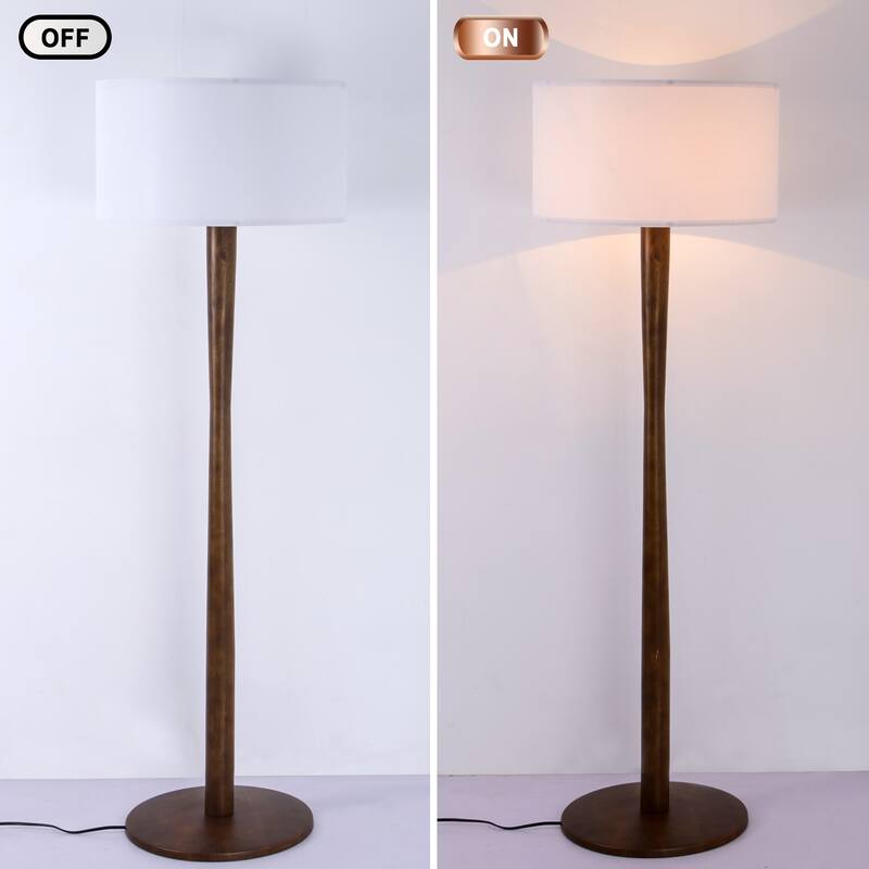 61 in. Retro Standing Floor Lamp with Rubberwood Base and Linen KD Lampshade for Bedroom, Living Room