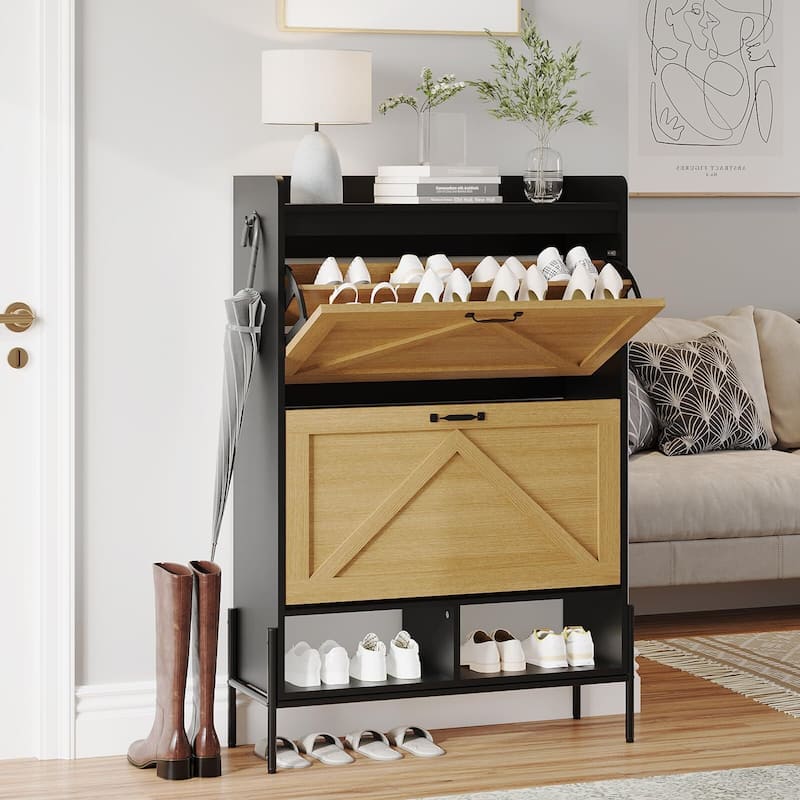 Shoe Cabinet with 2 Flip Drawers and Open Shelves - Black+Oak