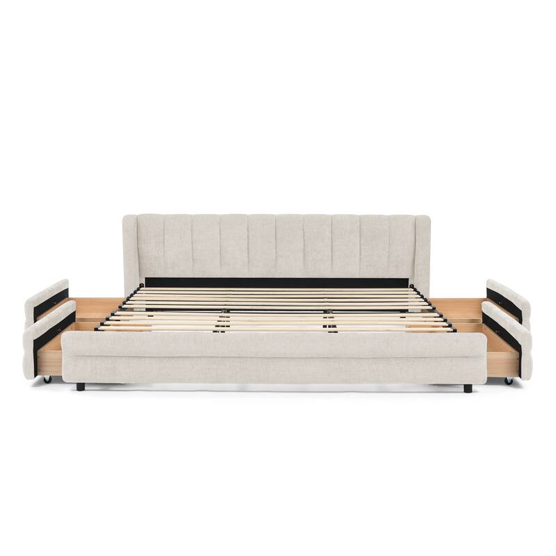 Roomfitters King Size Upholstered Bed Frame with 4 Storage Drawers and Channel Tufted Wingback Platform Bed Base
