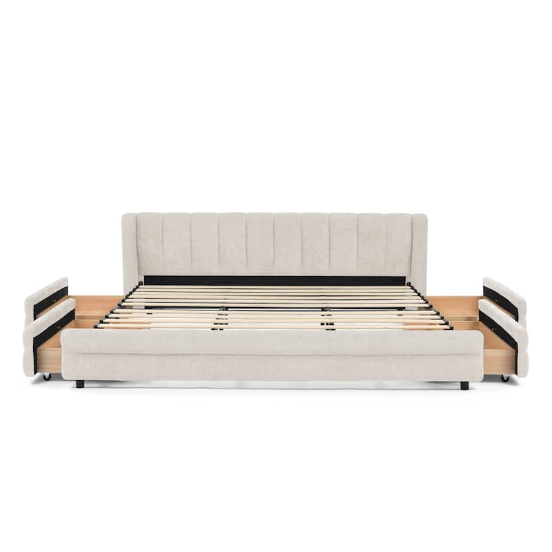 Thick Fabric Upholstered Bed Frame, Low Profile Storage Platform Bed with 4 Storage Drawers, Metal Legs and Wood Slat Support