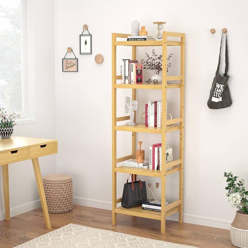 Free Standing Bamboo Bookshelf Organizer,Thick Bookcase Storage Shelving,Rust Resistance,Easy Assemble