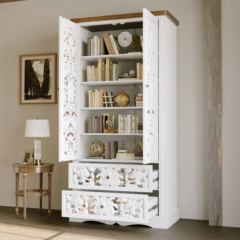 Vintage Carved White Storage Cabinet Accent Cabinet Bookshelves Curio Cabinet