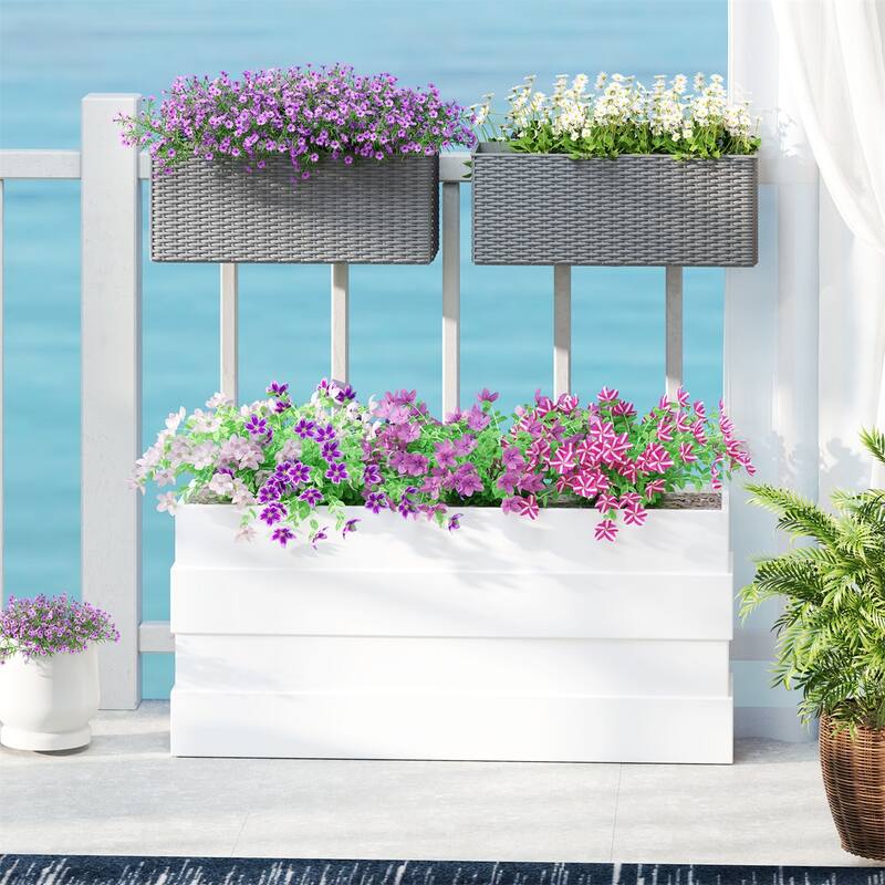 Set of 2 Gray Rattan Style Planters Polypropylene and Metal Decorative Garden Patio Wall Mount - 19.7" L x 7.5" W x 7.5" H