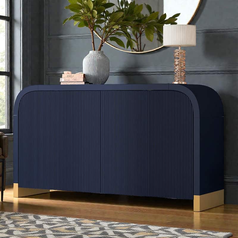 4 Door Storage Cabinet with Curved Corners, Wavy Panel Sideboard with Adjustable Shelves for Living Room Entryway