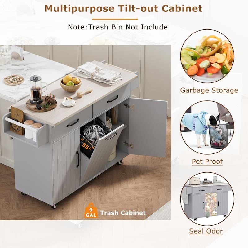 Rolling Kitchen Island with Trash Can Storage Cabinet, Kitchen Cart with Drop Leaf, Spice Rack, Towel Rack and Drawer