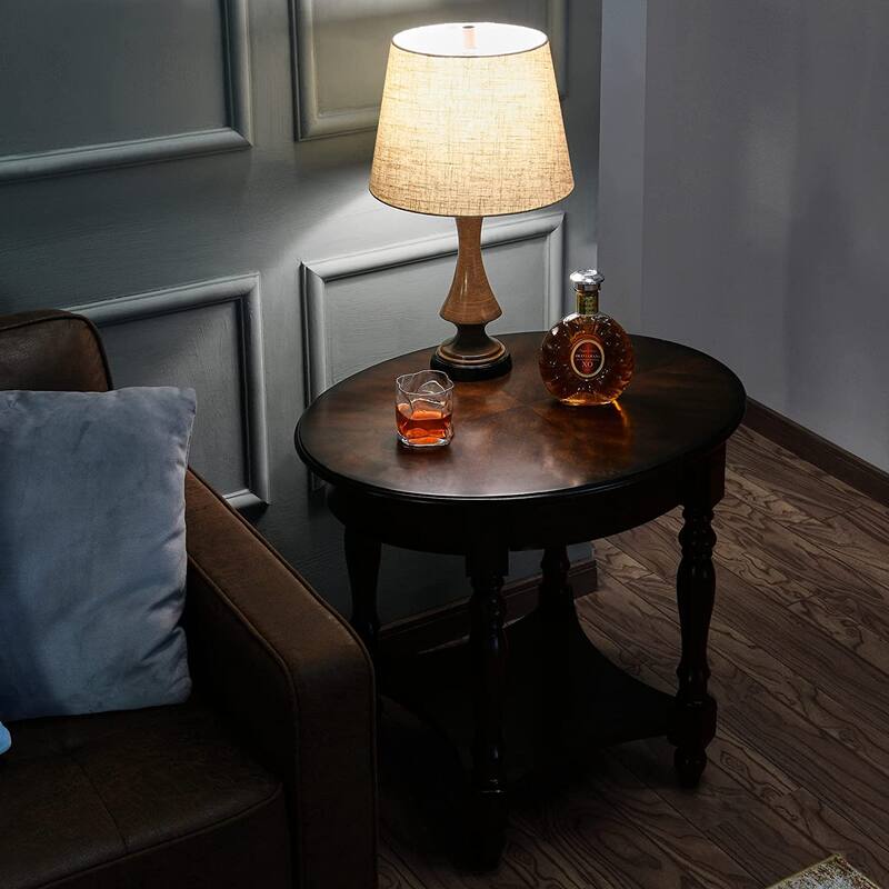 Solid Wood Oval End Table Sofa Table with Drawer and Storage Shelf