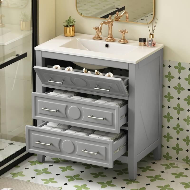30'' Free Standing Bathroom Vanity Set with Ceramic Sink, 3 Drawers & Solid Wood Frame