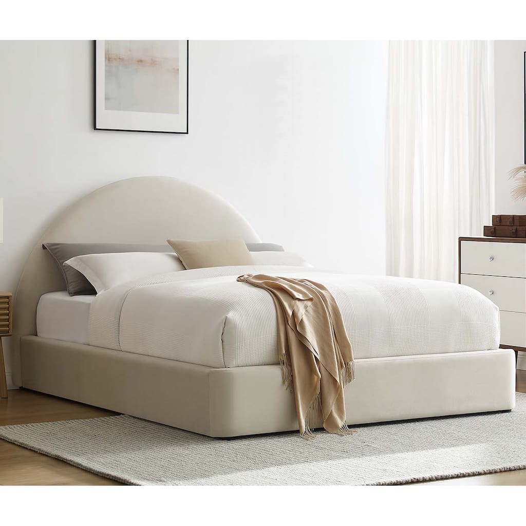 Palmetto Modern Round Headboard Off-white Velvet Upholstered King Size Platform Bed