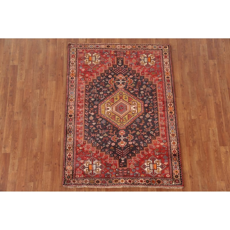 Hand Knotted Oriental 100% Wool Carpet Traditional Tribal Navy Blue & Blues Shiraz Area Rug - 5' 3'' X 3' 11''