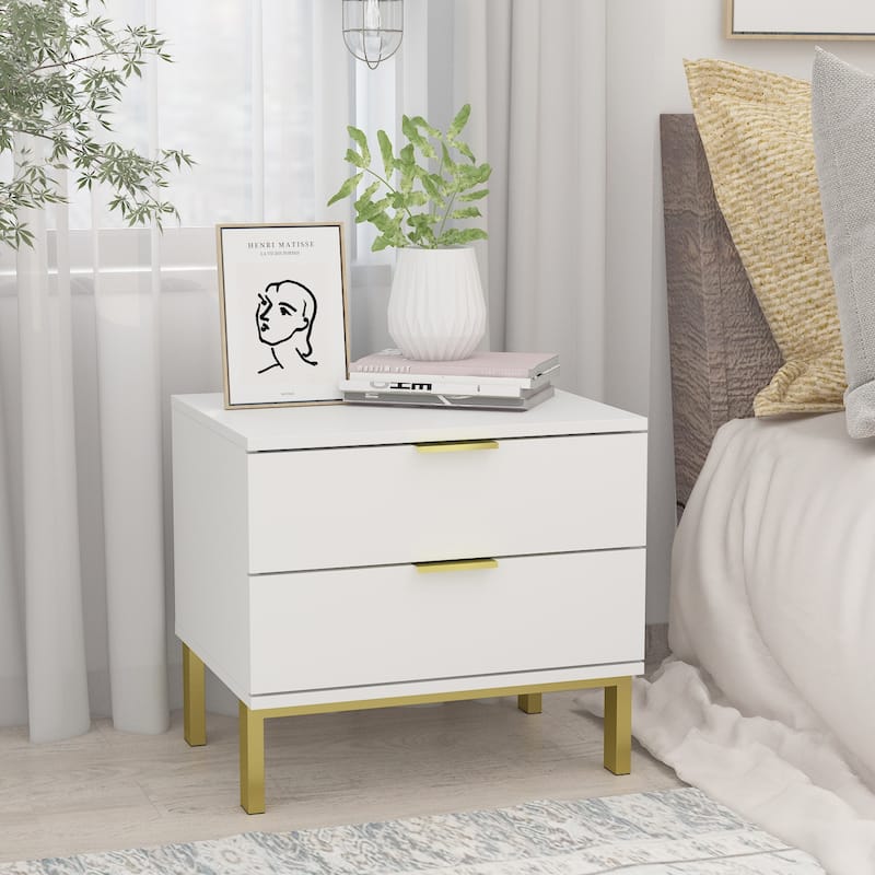 Modern Metal/ Chipboard 2-Drawer Nightstand - White