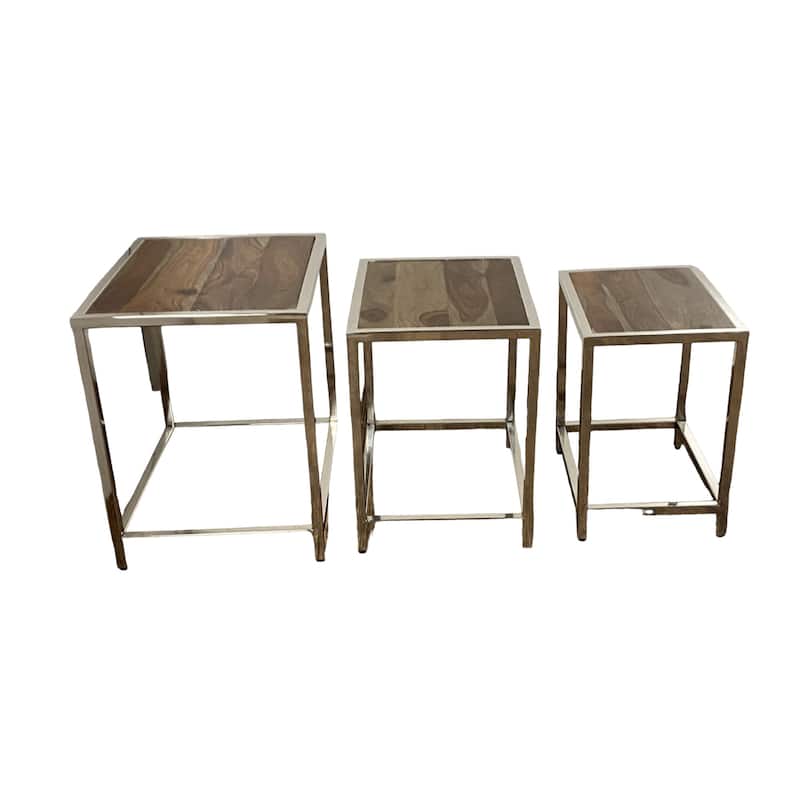 Modern Silver Nesting Tables Set of 3 Brown Wood Top and Stainless-Steel Frame for Living Room - 20"L x 16"W x 20.5"H