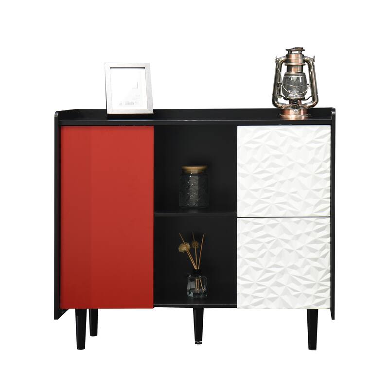 Sideboard Buffet Cabinet,Black Storage Cabinet with Red Doors,2 Drawers with unique panel styling and 2 Open Storage Compartment - Black+Red