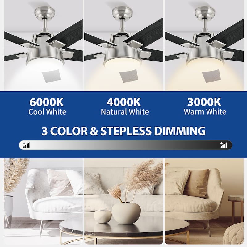 Moasis 52 inch 3-Color LED Ceiling Fan Light with 5 Wooden Blades and Remote - 52"