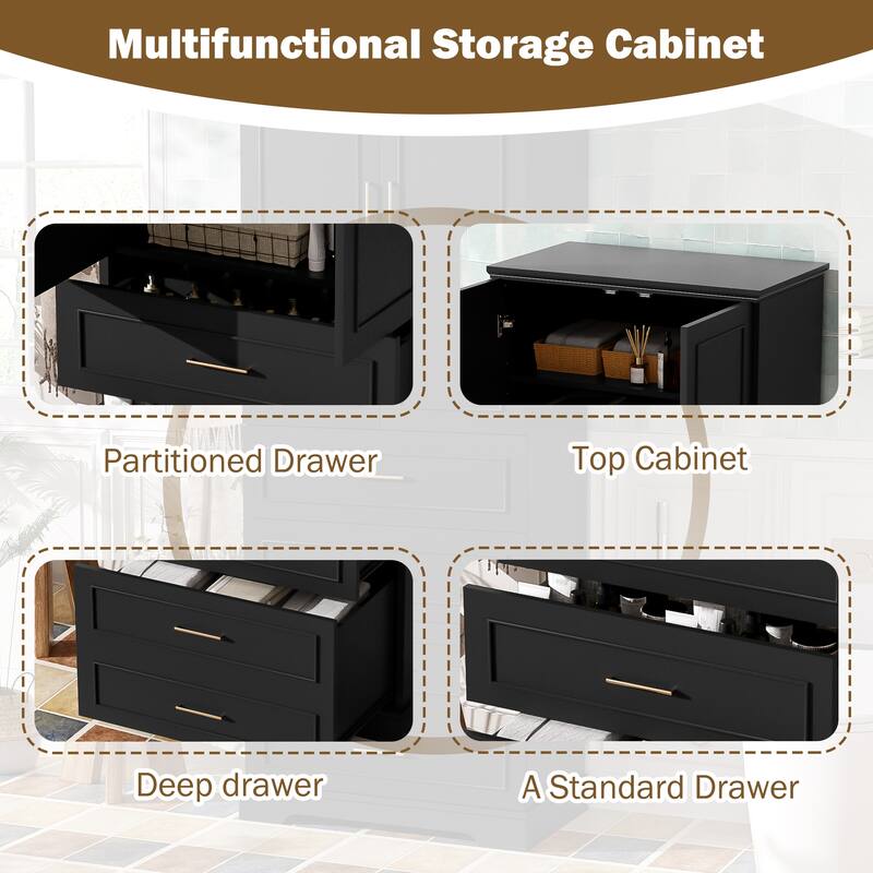Bathroom Freestanding Cabinet with 3 Drawers (Partitioned, Standard, Deep), Adjustable Shelf, Soft-Close Doors and Steel Handles