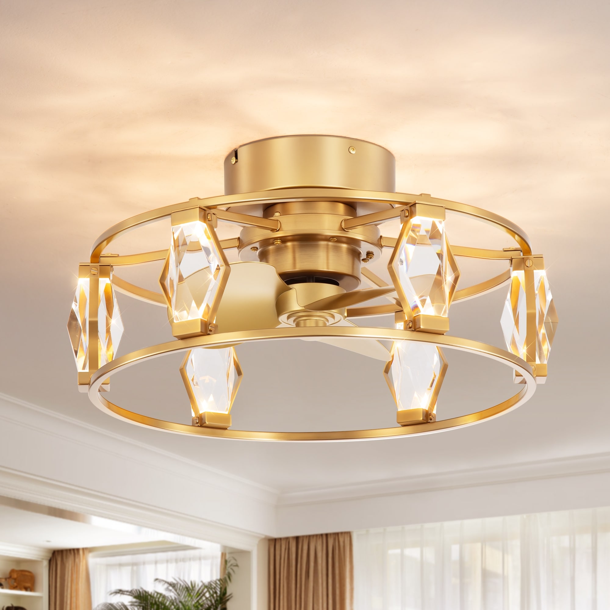 20.8" Flush Mount 3-Blade Crystal Ceiling Fan with Dimmable LED Light and Remote