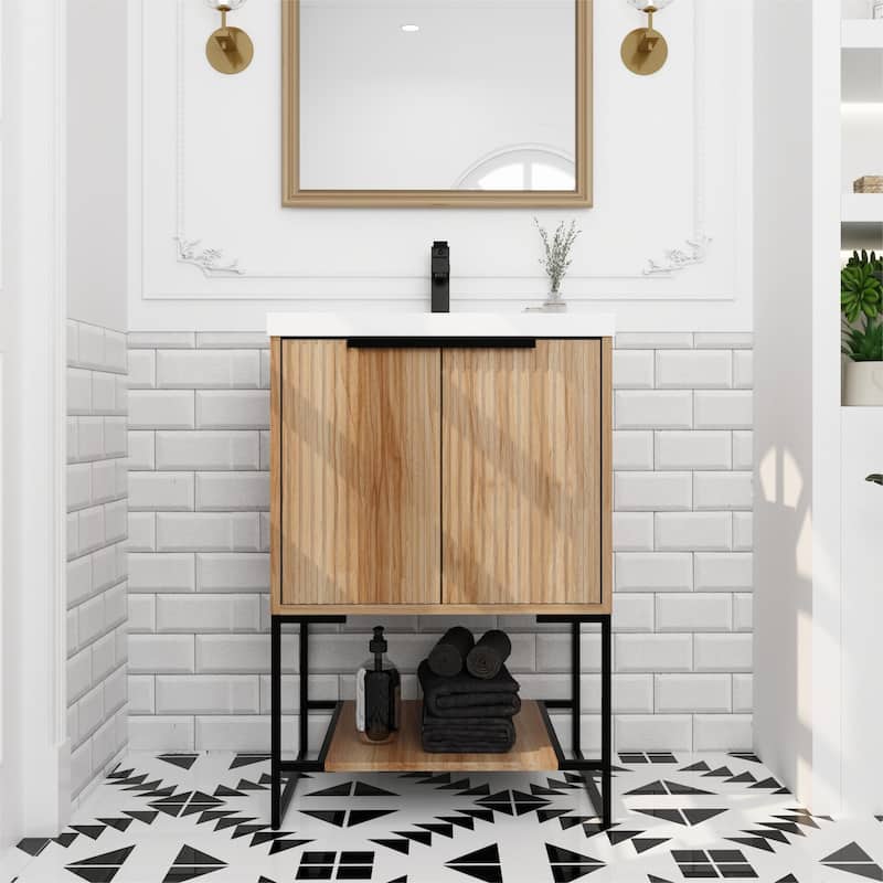 Bathroom Vanity With Sink In 24/30 Inch, Freestanding Bathroom Vanity With Soft Close Door & Drawer and Open Shelf - 23.6"W x 18.1"D x 35"H - Maple
