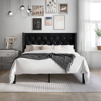 CraftPorch Luxurious Velvet Wingback Tufted Upholstered Bed
