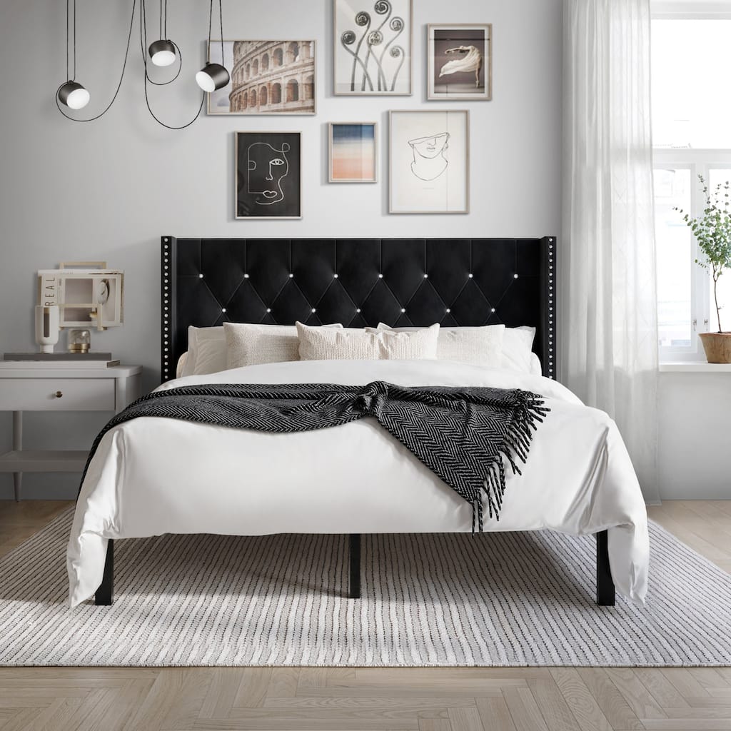 CraftPorch Luxurious Velvet Wingback Tufted Upholstered Bed