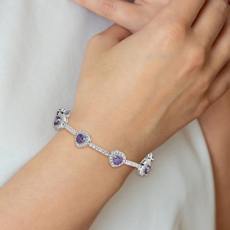 Curata 925 Sterling Silver Polished Safety bar Box Catch Closure Amethyst and Clear CZ Cubic Zirconia Simulated Diamond Love