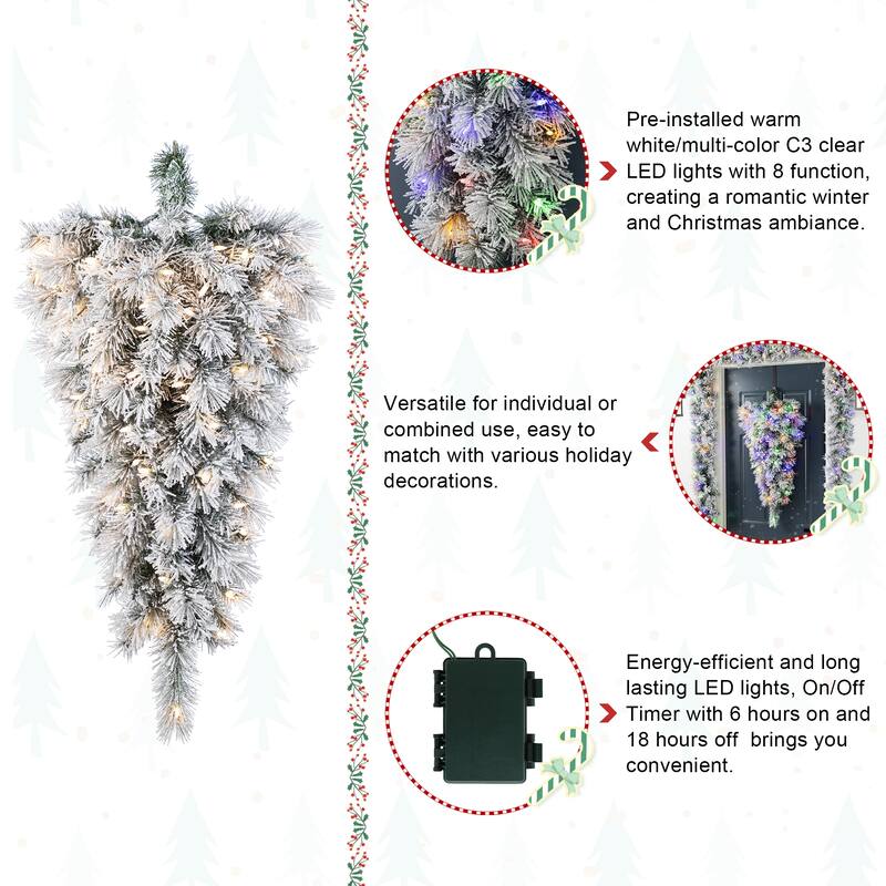 Glitzhome Pre-Lit Snow Flocked White/Greenery Pine Garland & Wreath & Teardrop