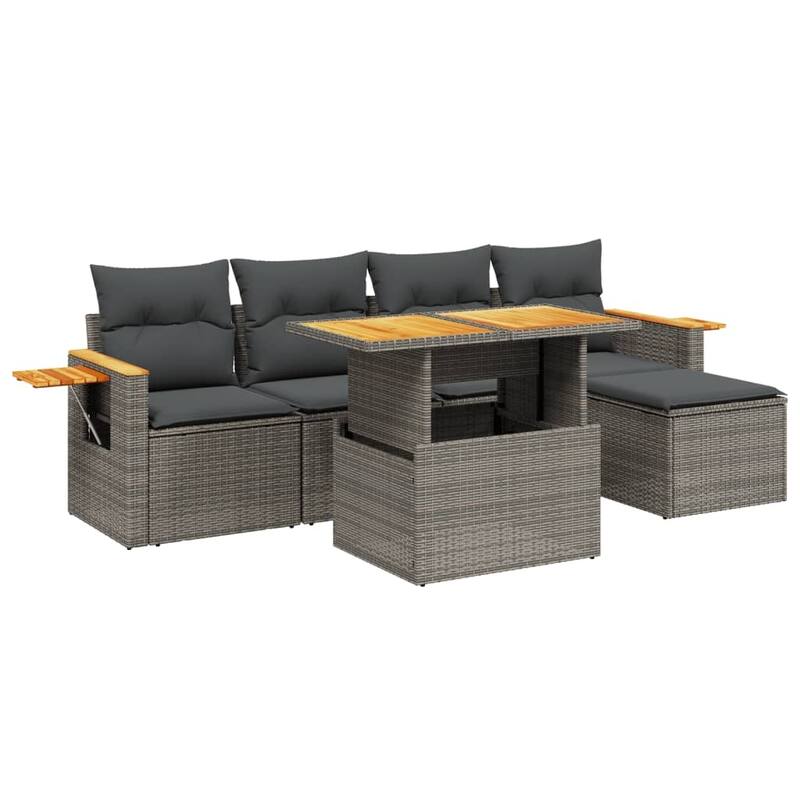 vidaXL Patio Sofa Set with Cushions Table and Footstool 6 Piece Poly Rattan - 21.7 x 39.4 x 28.7 in