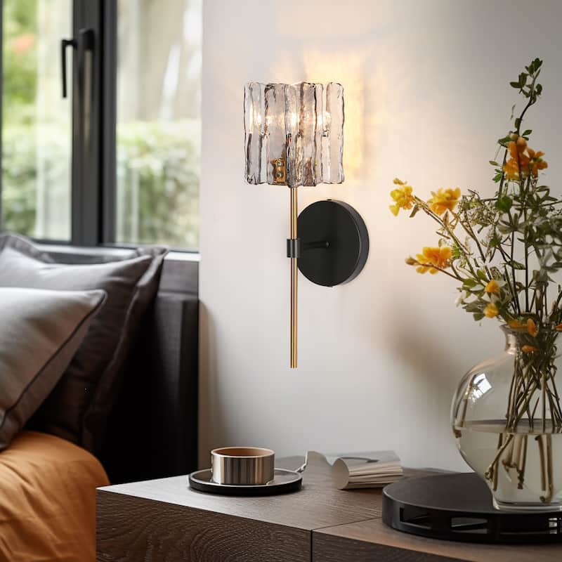 Kasy Modern 1-Light Textured Glass Wall Sconce Brass Vanity Light - Grey Smoke&Gold - 4.7"L x 5.9"W x 15"H
