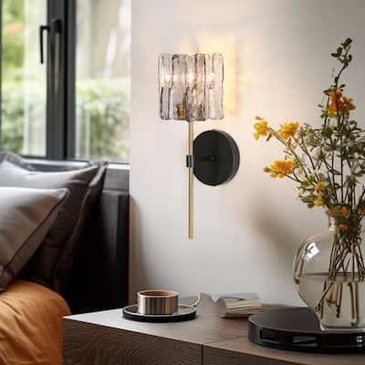 Kasy Modern 1-Light Textured Glass Wall Sconce Brass Vanity Light - Grey Smoke&Gold - 4.7"L x 5.9"W x 15"H