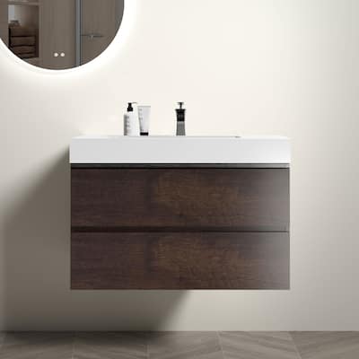 36" Large Storage Wall Mounted Floating Bathroom Vanity for Modern Bathroom, White Sink Basin without Drain and Faucet, White
