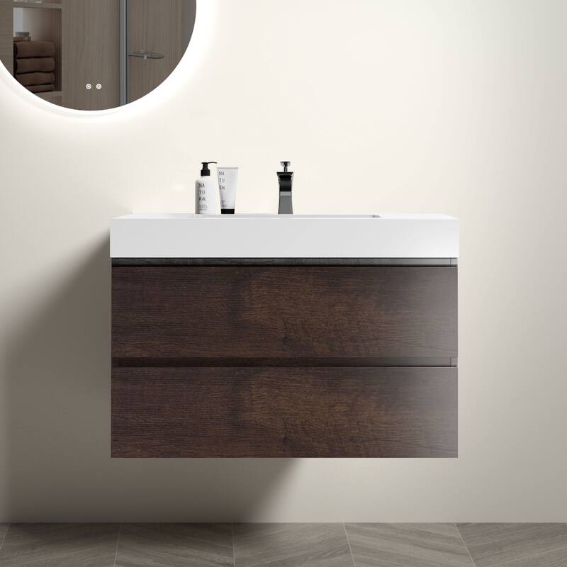 Alice Floating Bathroom Vanity with Rosewood Finish, Glossy White Basin, Soft-Close Drawers, Eco-Friendly Construction - White+Walnut