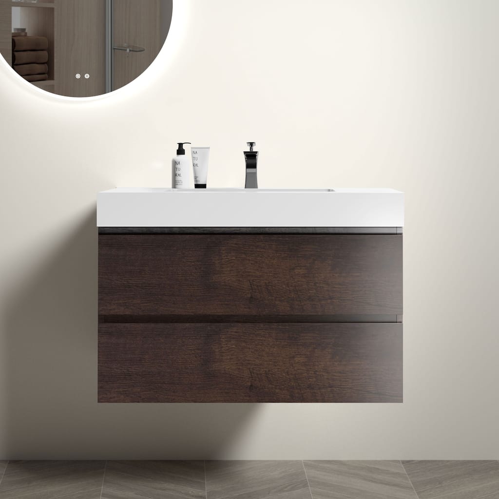 Alice Floating Bathroom Vanity with Rosewood Finish, Glossy White Basin, Soft-Close Drawers, Eco-Friendly Construction