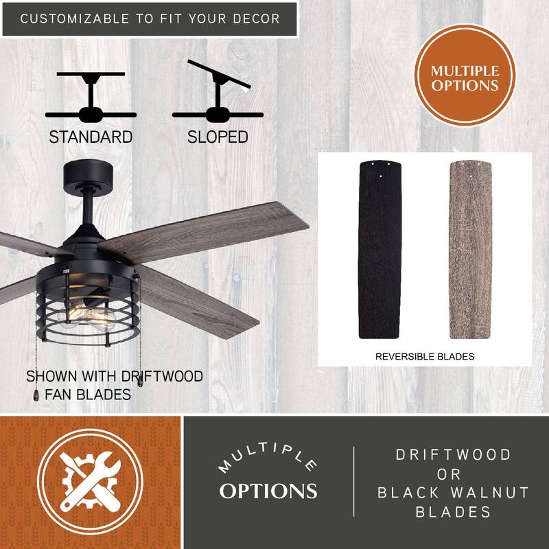 Rowan Matte Black Industrial 52-in. Ceiling Fan with LED Cage Light Kit - 52-in W x 17.5-in H x 52-in D