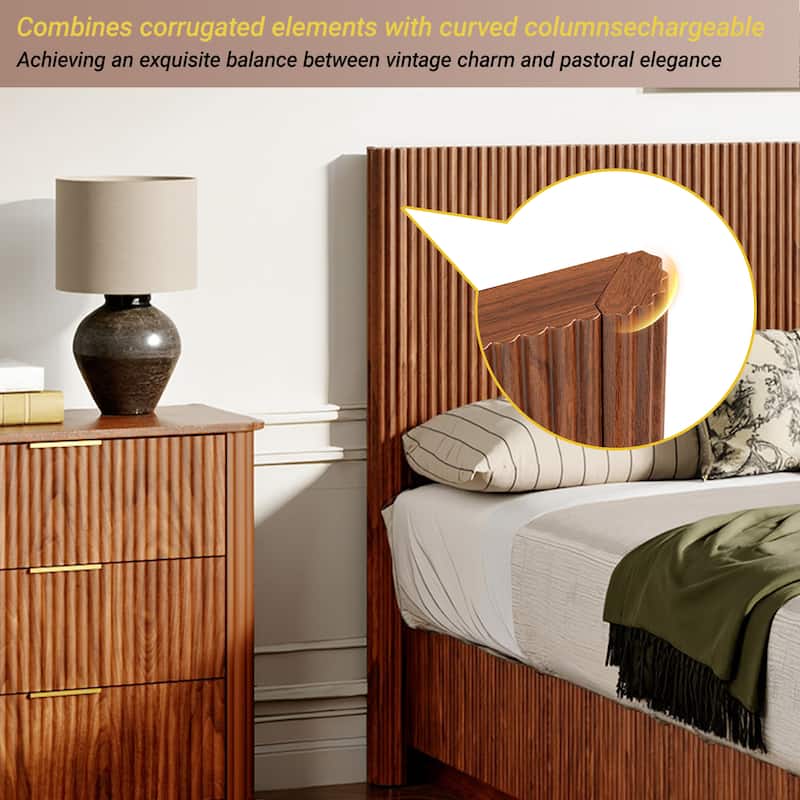 Queen Size Bed Frame, Modern Wooden Corrugated Curved Lines, Convex Groove Board Design, Walnut