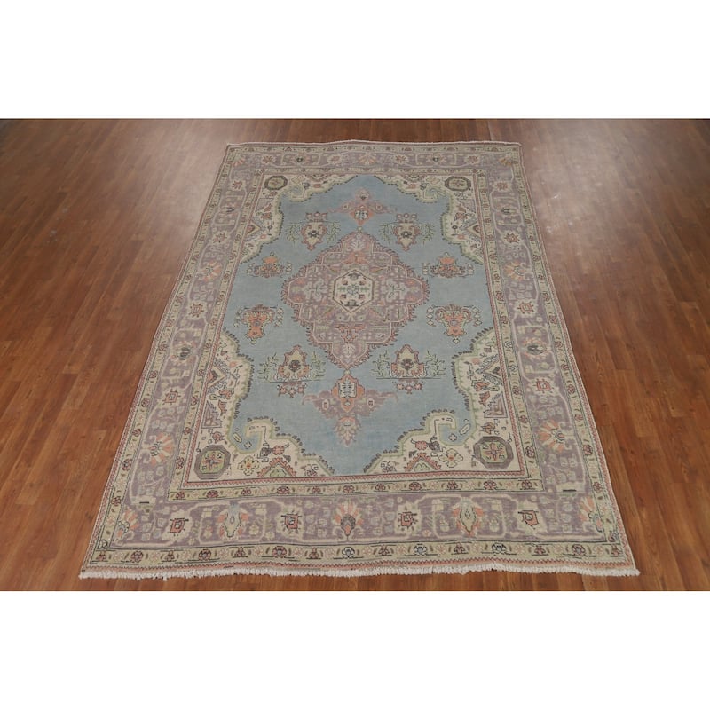 Hand Knotted Oriental 100% Wool Carpet Traditional Medallion Navy Blue & Blues Tabriz Area Rug - 9' 7'' X 6' 6''