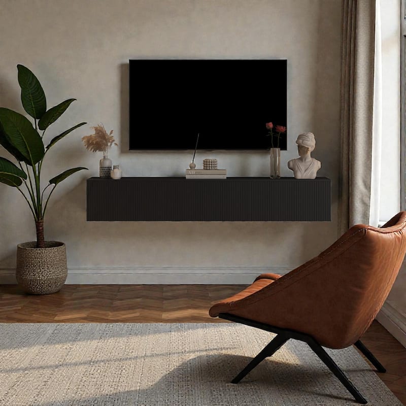 69" Wall Mounted Floating TV Console with LED Lighting, Modern Media Cabinet for 55 60 65 Inch TVs, Large Storage Shelf