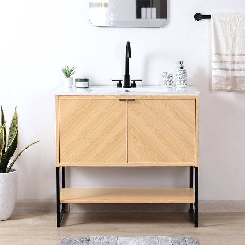 Juhl Chevron-Front Modern Minimalist 2-Shelf Bath Vanity Cabinet Only (Sink Basin Not Included), By JONATHAN Y - Oak - 35"W x 18"D x 33"H
