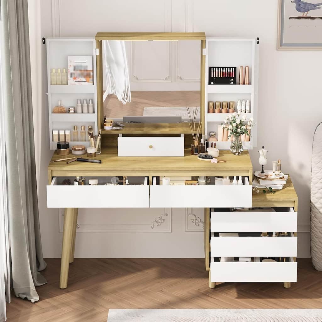 Dressing Makeup Vanity Table with 6 Drawers and Open Shelves for Bedroom
