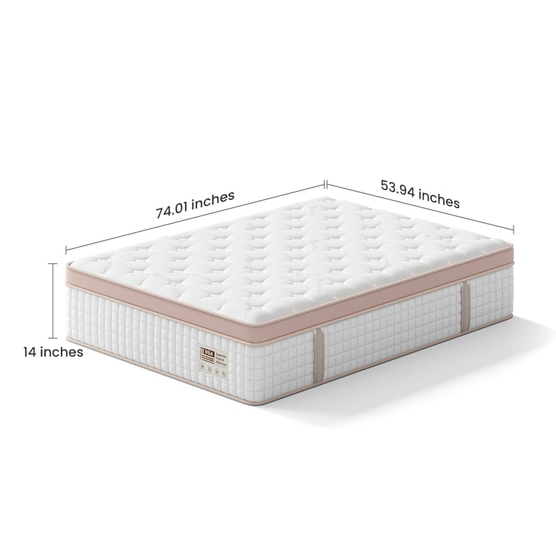Roomfitters 14 Inch Full/Queen Hybrid Mattress, Firm Gel Memory Foam and Pocket Spring Bed for Pressure Relief, White